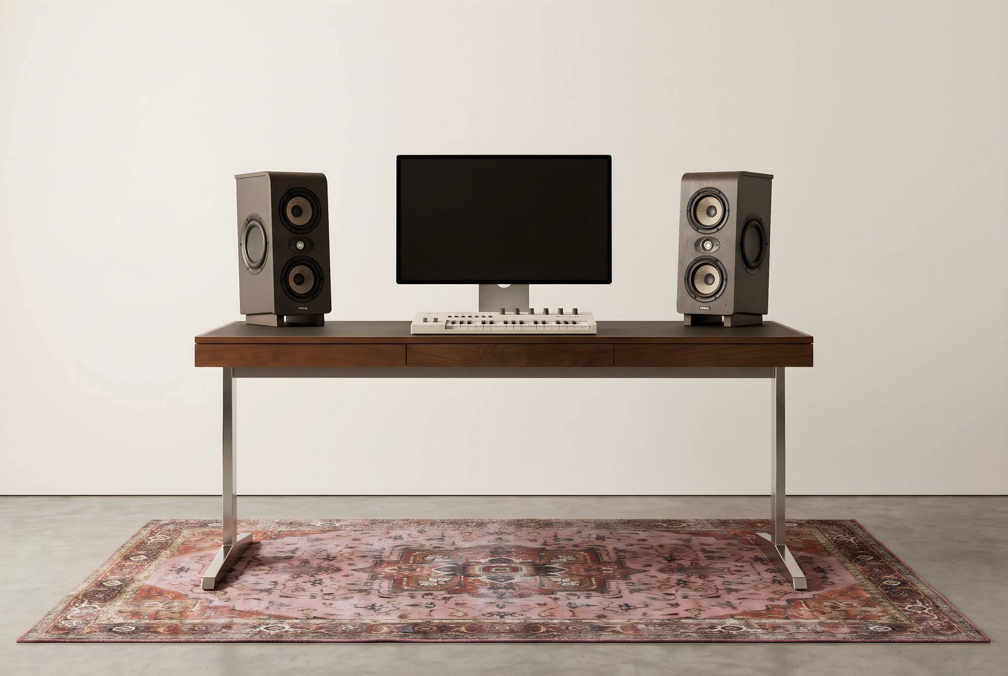 Bureau de studio son : écran central, deux enceintes Focal Shape Twin, synthé blanc, tapis persan.